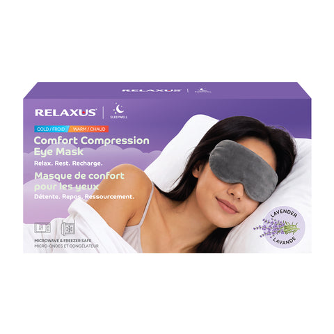 Lavender hot and cold eye mask with soft microfleece cover; lavender eye mask with removable clay bead inner pack; microwaveable lavender clay bead eye mask; chilled lavender eye mask for cooling comfort; soft lavender-scented eye mask with adjustable strap; hot and cold eye mask with lavender clay beads; reusable lavender eye mask for relaxation and travel; lavender eye mask with elasticized adjustable strap.