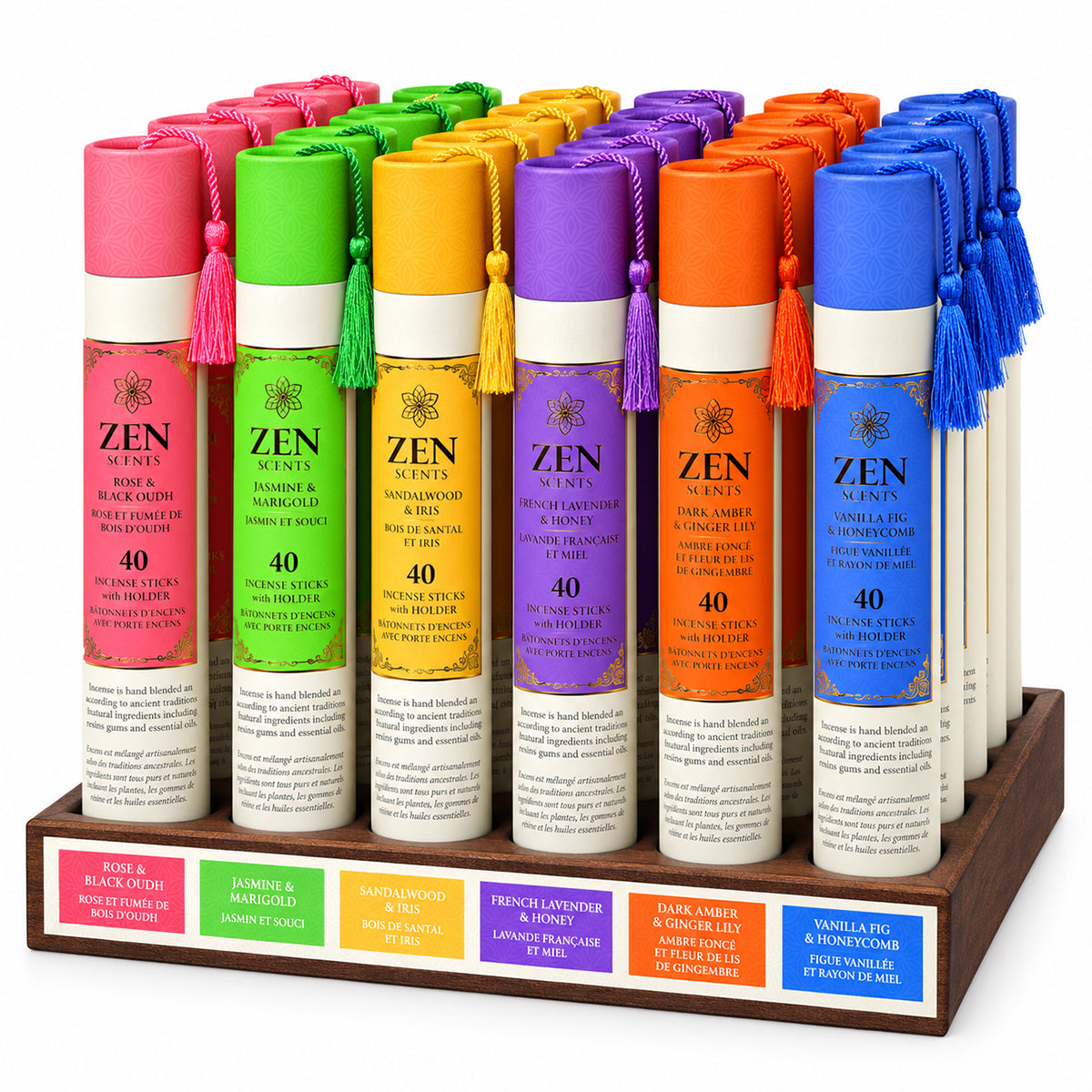 Zen Scents hand-rolled incense sticks
Zen Scents incense tube with burner holder Rose and Black Oudh incense sticks Jasmine and Marigold incense sticks Sandalwood and Iris incense sticks French Lavender and Honey incense sticks Dark Amber and Ginger Lily incense sticks Vanilla Fig and Honeycomb incense sticks 40-pack hand-rolled incense sticks 