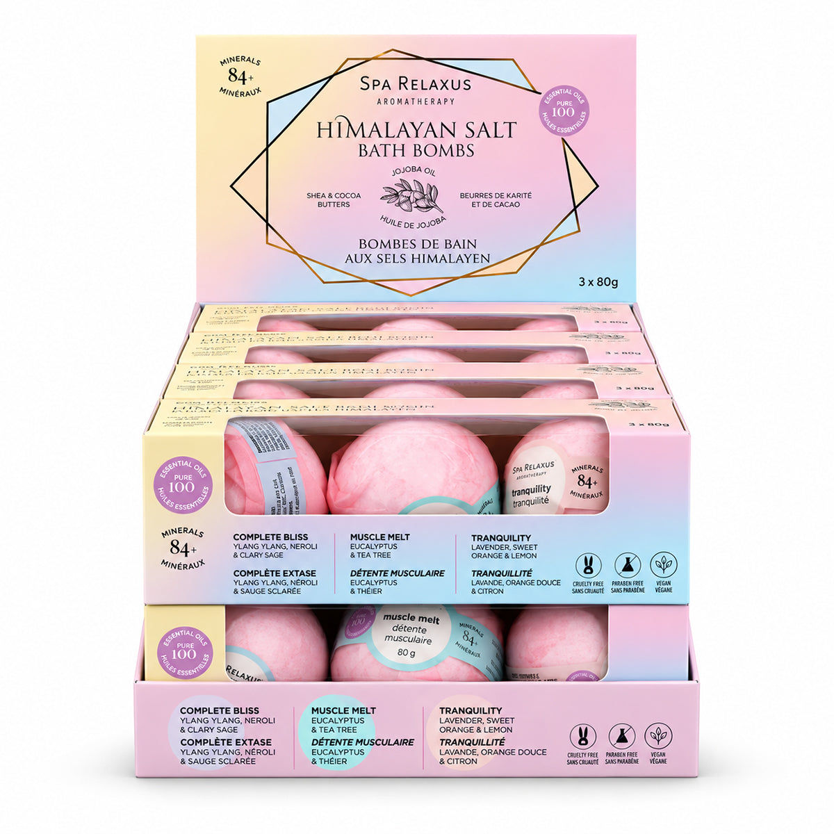 Himalayan Salt bath bomb gift set
Organic and vegan bath bomb gift set
Three-piece Himalayan Salt bath bombs Complete Bliss bath bomb with Ylang Ylang Neroli and Clary Sage
Muscle Melt bath bomb with Eucalyptus and Tea Tree
Tranquility bath bomb with Lavender Sweet Orange and Lemon
3 x 80 g bath bomb gift set
Bath bombs with Himalayan Pink Salt and essential oils