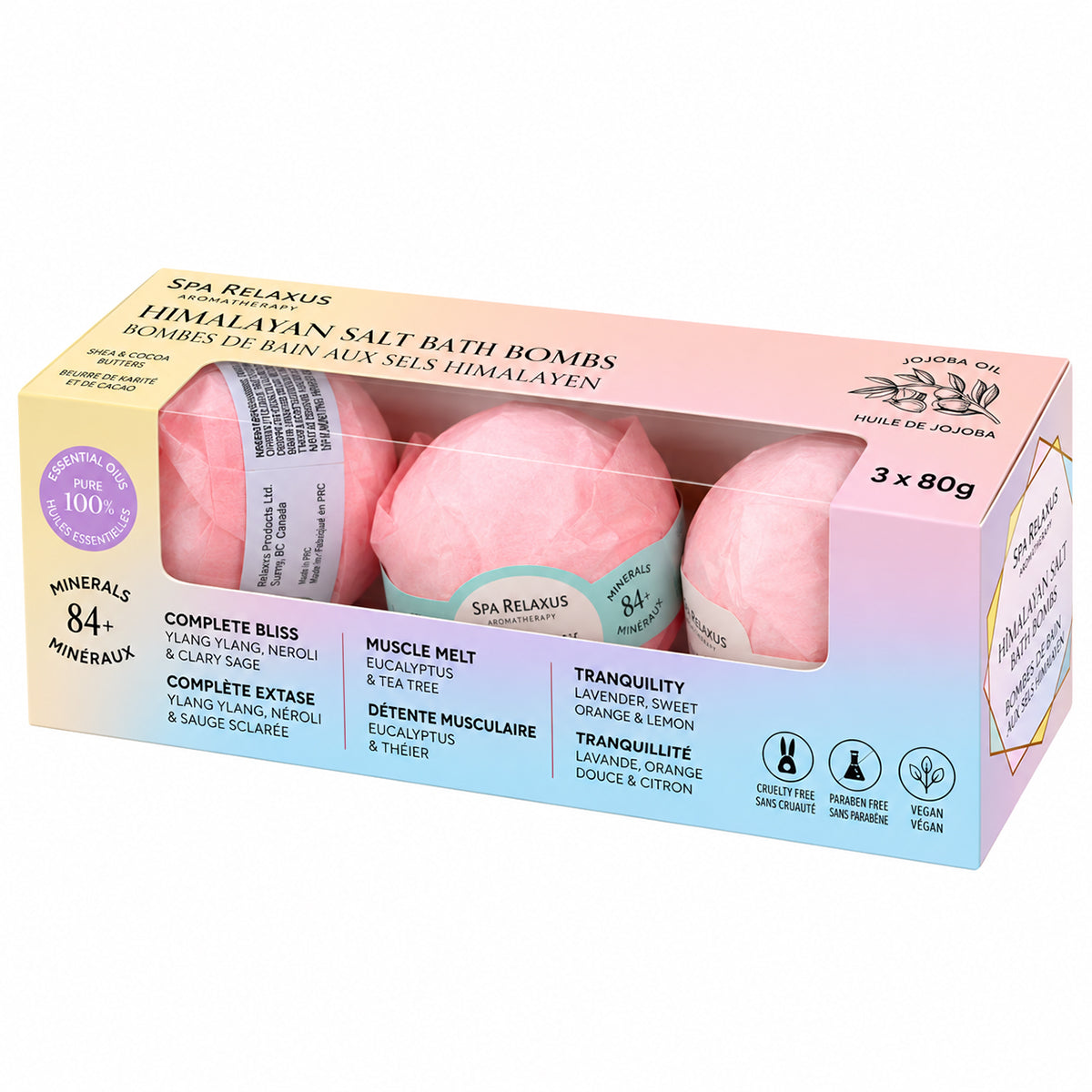 Himalayan Salt bath bomb gift set
Organic and vegan bath bomb gift set
Three-piece Himalayan Salt bath bombs Complete Bliss bath bomb with Ylang Ylang Neroli and Clary Sage
Muscle Melt bath bomb with Eucalyptus and Tea Tree
Tranquility bath bomb with Lavender Sweet Orange and Lemon
3 x 80 g bath bomb gift set
Bath bombs with Himalayan Pink Salt and essential oils