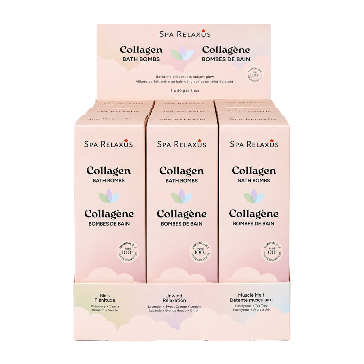 Collagen Bath Bombs three-pack; Bliss rosemary and vanilla bath bomb; Muscle Melt eucalyptus and tea tree bath bomb; Unwind lavender orange and lemon bath bomb; three individually wrapped Collagen Bath Bombs; Collagen Bath Bombs with argan oil shea butter and cocoa butter; bath bomb trio arranged beside a bathtub; three scented bath bombs for a relaxing bath routine