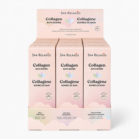 Collagen Bath Bombs three-pack; Bliss rosemary and vanilla bath bomb; Muscle Melt eucalyptus and tea tree bath bomb; Unwind lavender orange and lemon bath bomb; three individually wrapped Collagen Bath Bombs; Collagen Bath Bombs with argan oil shea butter and cocoa butter; bath bomb trio arranged beside a bathtub; three scented bath bombs for a relaxing bath routine