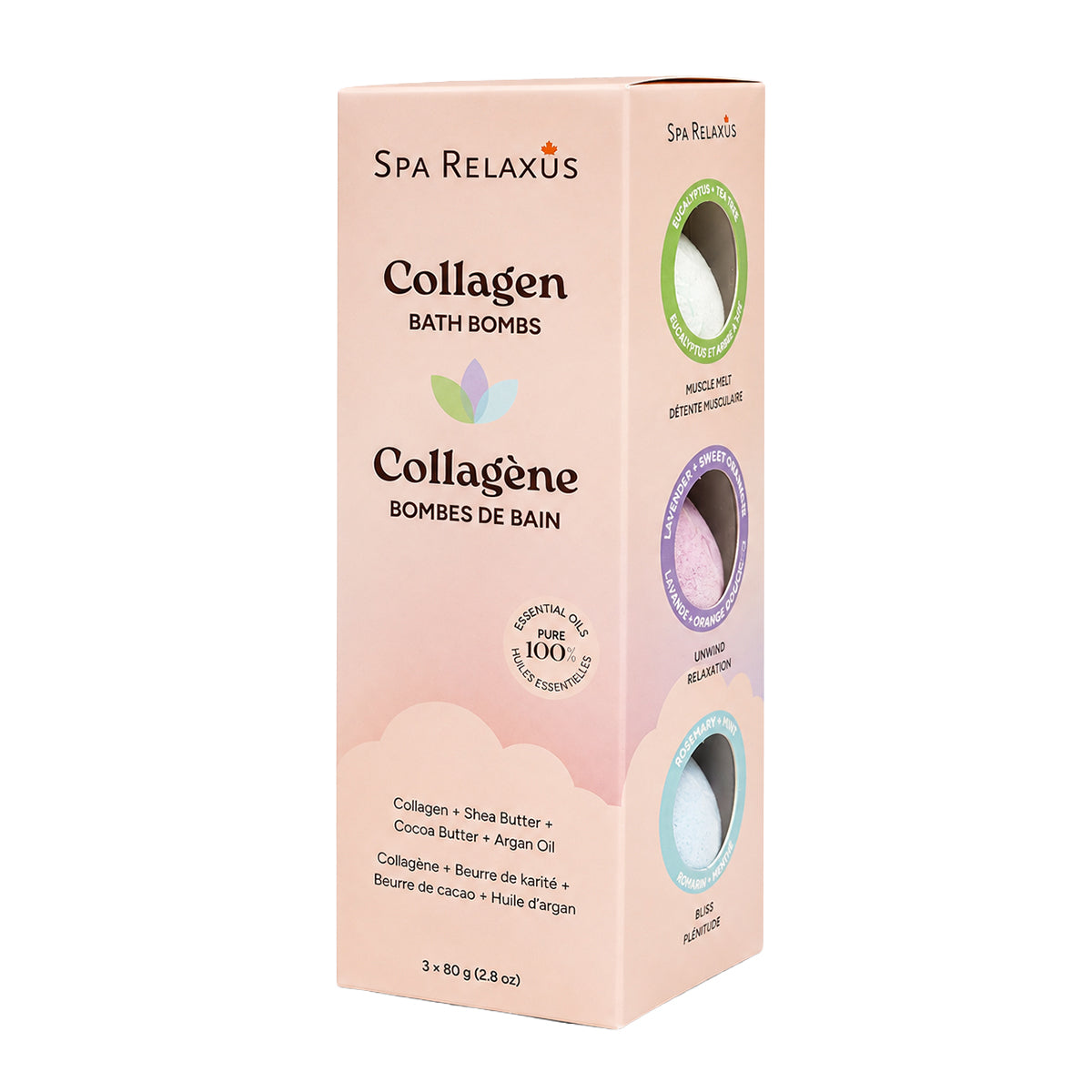 Collagen Bath Bombs three-pack; Bliss rosemary and vanilla bath bomb; Muscle Melt eucalyptus and tea tree bath bomb; Unwind lavender orange and lemon bath bomb; three individually wrapped Collagen Bath Bombs; Collagen Bath Bombs with argan oil shea butter and cocoa butter; bath bomb trio arranged beside a bathtub; three scented bath bombs for a relaxing bath routine