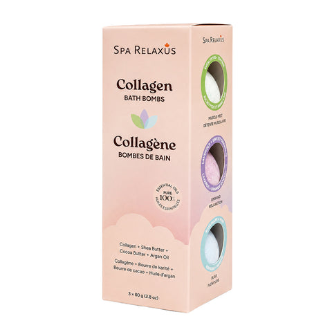 Collagen Bath Bombs three-pack; Bliss rosemary and vanilla bath bomb; Muscle Melt eucalyptus and tea tree bath bomb; Unwind lavender orange and lemon bath bomb; three individually wrapped Collagen Bath Bombs; Collagen Bath Bombs with argan oil shea butter and cocoa butter; bath bomb trio arranged beside a bathtub; three scented bath bombs for a relaxing bath routine