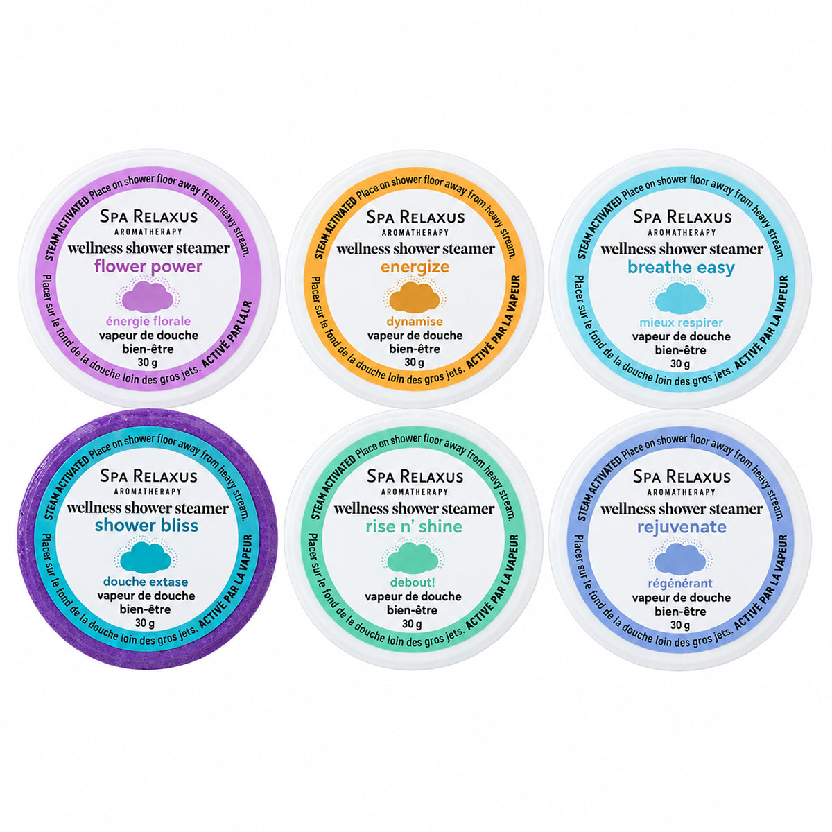 Wellness Shower Steamers 6-piece set
Essential oil shower steamer assortment
Breathe Easy shower steamer
Energize peppermint grapefruit rosemary shower steamer
Flower Power rose lavender shower steamer
Rejuvenate tea tree peppermint shower steamer
Rise N' Shine citrus mint shower steamer