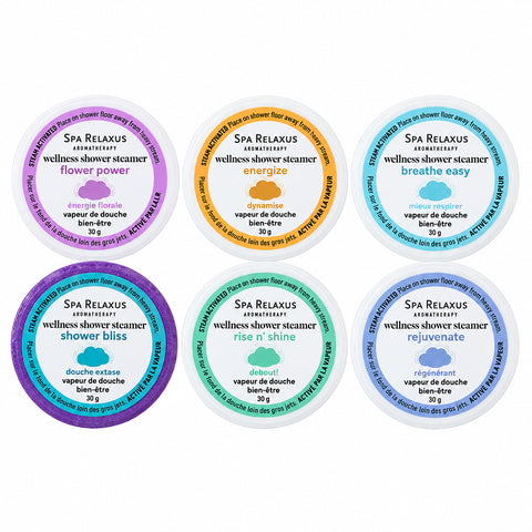 Wellness Shower Steamers 6-piece set
Essential oil shower steamer assortment
Breathe Easy shower steamer
Energize peppermint grapefruit rosemary shower steamer
Flower Power rose lavender shower steamer
Rejuvenate tea tree peppermint shower steamer
Rise N' Shine citrus mint shower steamer