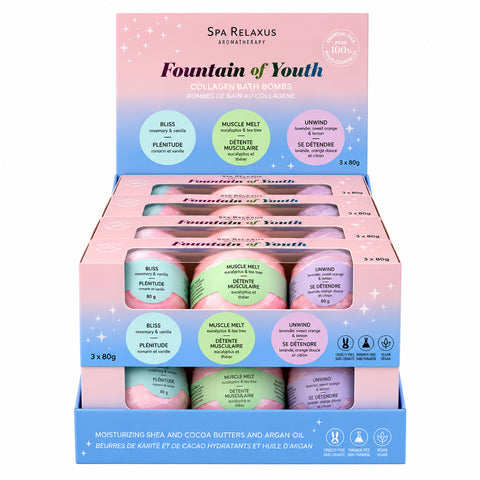 Fountain of Youth bath bomb gift set
Three-piece collagen bath bomb set
Bliss Rosemary and Vanilla bath bomb
Muscle Melt Eucalyptus and Tea Tree bath bomb Unwind Lavender Sweet Orange and Lemon bath bomb
3 x 80 g bath bomb gift set
Bath bombs with collagen and essential oils Cruelty-free paraben-free bath bomb set