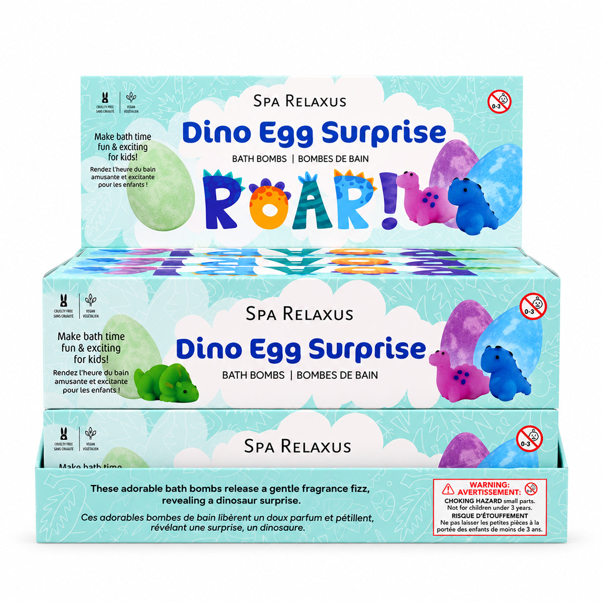 Dino Egg Surprise Bath Bombs three-pack; kids' dinosaur bath bombs with hidden toys; blueberry lavender and mint bath bombs; colourful egg-shaped bath bombs for kids; bath bomb fizz revealing a dinosaur toy; three 100 gram dinosaur surprise bath bombs; vegan kids' bath bombs with assorted scents; dinosaur-themed bath-time gift set