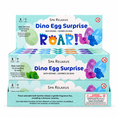 Dino Egg Surprise Bath Bombs three-pack; kids' dinosaur bath bombs with hidden toys; blueberry lavender and mint bath bombs; colourful egg-shaped bath bombs for kids; bath bomb fizz revealing a dinosaur toy; three 100 gram dinosaur surprise bath bombs; vegan kids' bath bombs with assorted scents; dinosaur-themed bath-time gift set