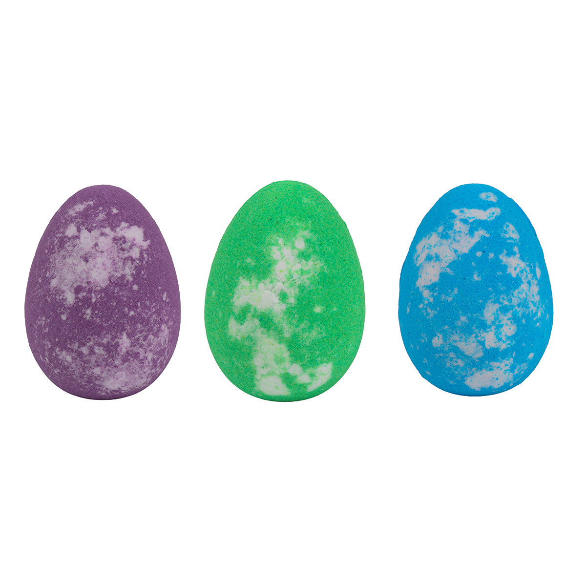 Dino Egg Surprise Bath Bombs three-pack; kids' dinosaur bath bombs with hidden toys; blueberry lavender and mint bath bombs; colourful egg-shaped bath bombs for kids; bath bomb fizz revealing a dinosaur toy; three 100 gram dinosaur surprise bath bombs; vegan kids' bath bombs with assorted scents; dinosaur-themed bath-time gift set