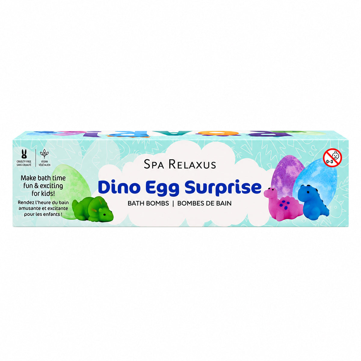 Dino Egg Surprise Bath Bombs three-pack; kids' dinosaur bath bombs with hidden toys; blueberry lavender and mint bath bombs; colourful egg-shaped bath bombs for kids; bath bomb fizz revealing a dinosaur toy; three 100 gram dinosaur surprise bath bombs; vegan kids' bath bombs with assorted scents; dinosaur-themed bath-time gift set