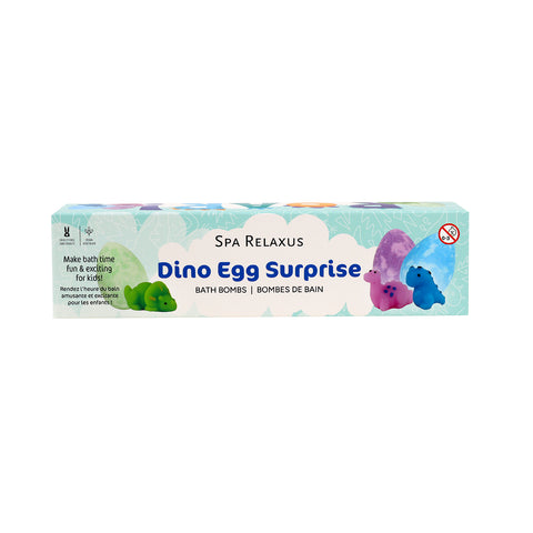 Dino Egg Surprise Bath Bombs three-pack; kids' dinosaur bath bombs with hidden toys; blueberry lavender and mint bath bombs; colourful egg-shaped bath bombs for kids; bath bomb fizz revealing a dinosaur toy; three 100 gram dinosaur surprise bath bombs; vegan kids' bath bombs with assorted scents; dinosaur-themed bath-time gift set