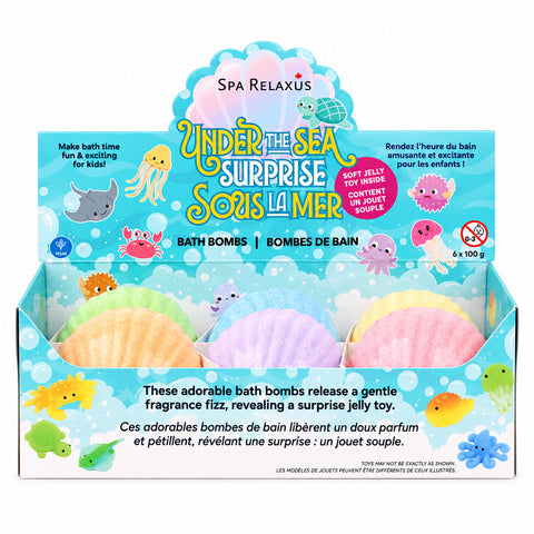 Under the Sea Surprise Bath Bombs
Seashell-shaped kids bath bombs
Three-pack surprise bath bombs with hidden toys Blueberry seashell bath bomb Lavender seashell bath bomb
Mint seashell bath bomb Kids bath bomb with squishy jelly surprise toy Colourful under-the-sea bath bomb set