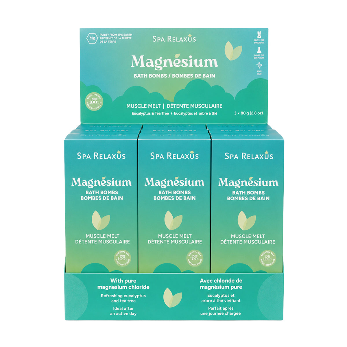 Muscle Melt magnesium bath bombs three pack Magnesium bath bomb with eucalyptus and tea tree
Three 80 g magnesium bath bombs
Magnesium bath bombs with shea butter and argan oil Eucalyptus and tea tree bath bombs Vegan magnesium bath bombs for a relaxing bath Muscle Melt bath bomb dissolving in warm bath water
Magnesium chloride bath bombs with cocoa and shea butter