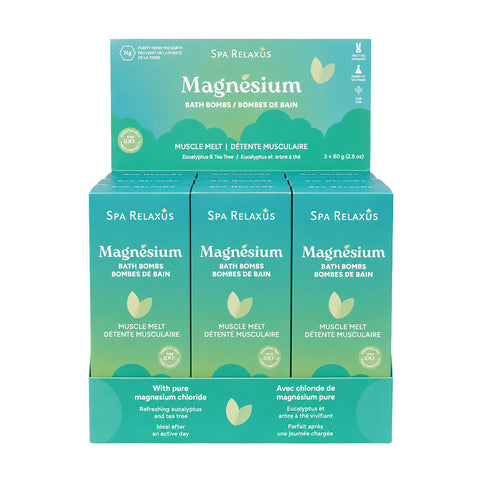 Muscle Melt magnesium bath bombs three pack Magnesium bath bomb with eucalyptus and tea tree
Three 80 g magnesium bath bombs
Magnesium bath bombs with shea butter and argan oil Eucalyptus and tea tree bath bombs Vegan magnesium bath bombs for a relaxing bath Muscle Melt bath bomb dissolving in warm bath water
Magnesium chloride bath bombs with cocoa and shea butter