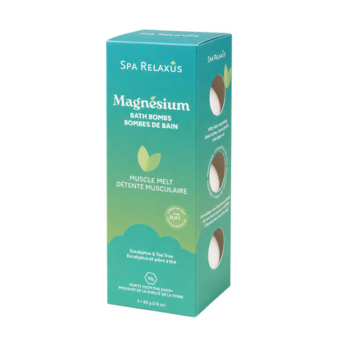 Muscle Melt magnesium bath bombs three pack Magnesium bath bomb with eucalyptus and tea tree
Three 80 g magnesium bath bombs
Magnesium bath bombs with shea butter and argan oil Eucalyptus and tea tree bath bombs Vegan magnesium bath bombs for a relaxing bath Muscle Melt bath bomb dissolving in warm bath water
Magnesium chloride bath bombs with cocoa and shea butter