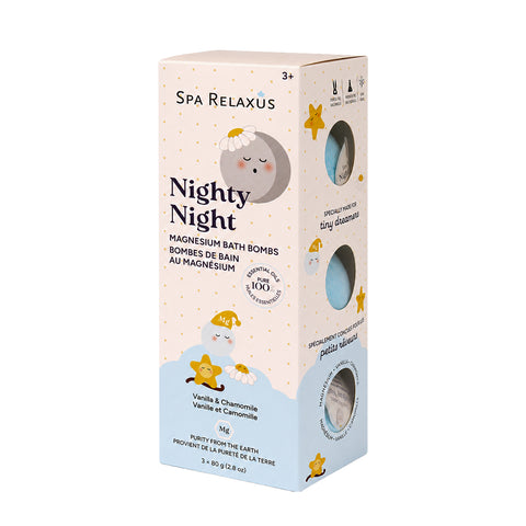 Nighty Night magnesium bath bombs three pack Vanilla and chamomile magnesium bath bombs Three 80 g Nighty Night bath bombs Magnesium bath bombs with vanilla and chamomile essential oils Nighty Night bath bomb for a bedtime bath routine
Vegan magnesium bath bombs with shea butter and argan oil Vanilla chamomile bath bomb fizzing in bath water Magnesium bath bombs with 100% pure essential oils