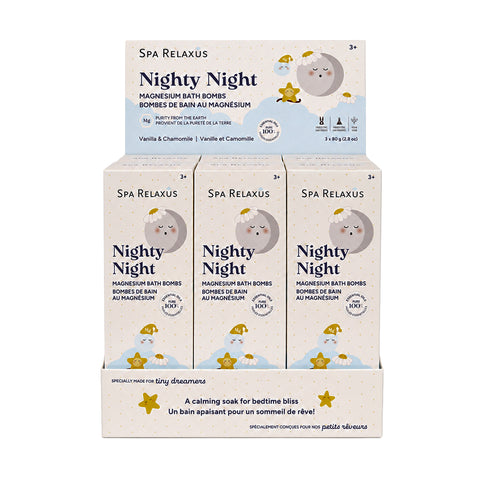 Nighty Night magnesium bath bombs three pack Vanilla and chamomile magnesium bath bombs Three 80 g Nighty Night bath bombs Magnesium bath bombs with vanilla and chamomile essential oils Nighty Night bath bomb for a bedtime bath routine
Vegan magnesium bath bombs with shea butter and argan oil Vanilla chamomile bath bomb fizzing in bath water Magnesium bath bombs with 100% pure essential oils
