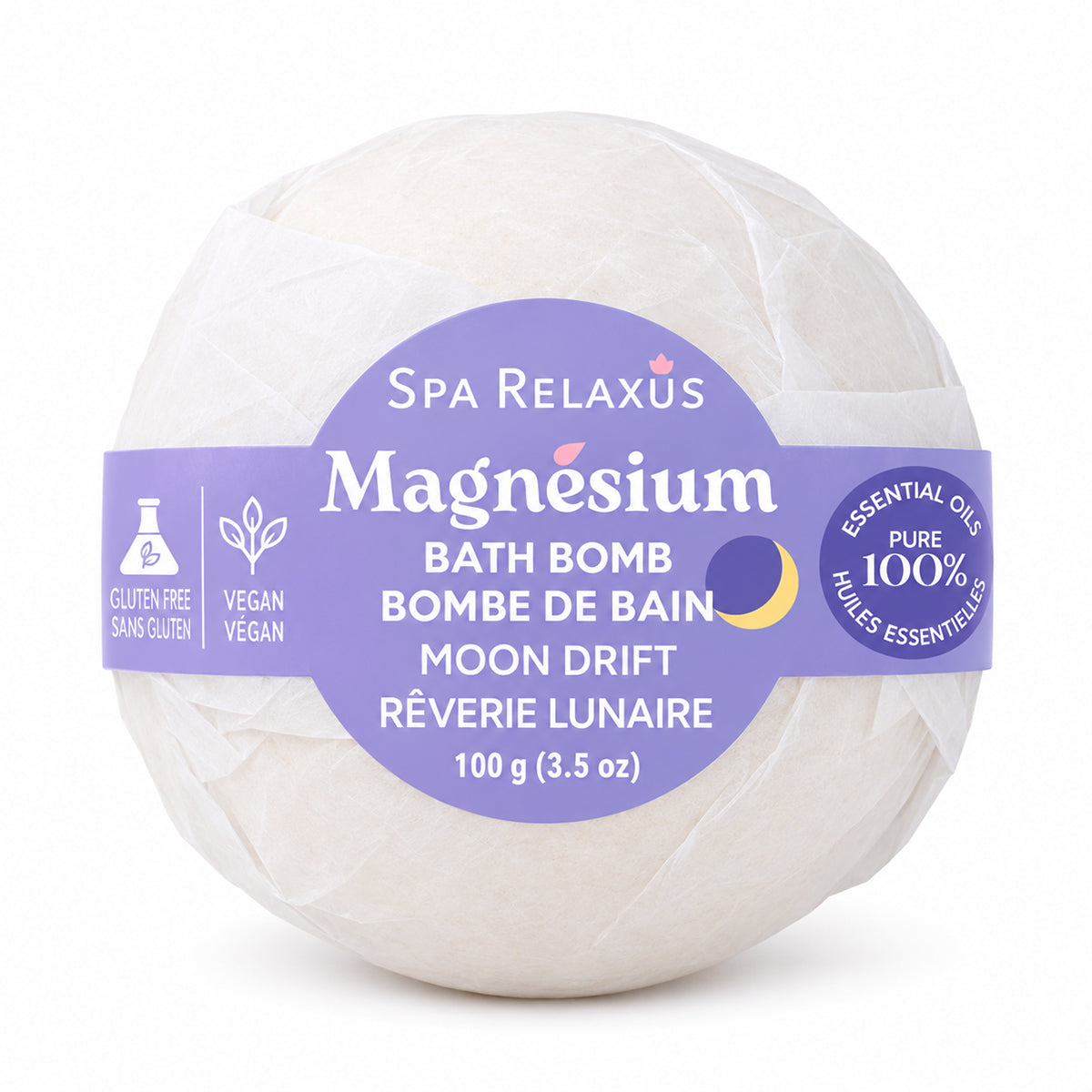 Moon Drift magnesium bath bombs three-pack; lavender and chamomile magnesium bath bombs; Moon Drift bath bomb packaging; magnesium bath bomb fizzing in warm water; three lavender and chamomile bath bombs; 100 g Moon Drift magnesium bath bombs; vegan lavender bath bombs with nourishing butters; magnesium bath bombs for a bedtime bath routine