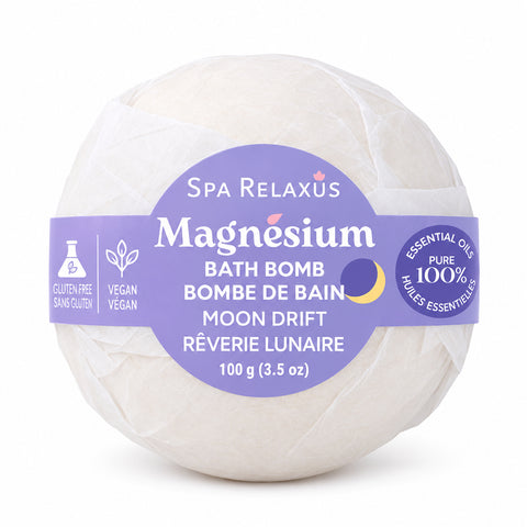 Moon Drift magnesium bath bombs three-pack; lavender and chamomile magnesium bath bombs; Moon Drift bath bomb packaging; magnesium bath bomb fizzing in warm water; three lavender and chamomile bath bombs; 100 g Moon Drift magnesium bath bombs; vegan lavender bath bombs with nourishing butters; magnesium bath bombs for a bedtime bath routine