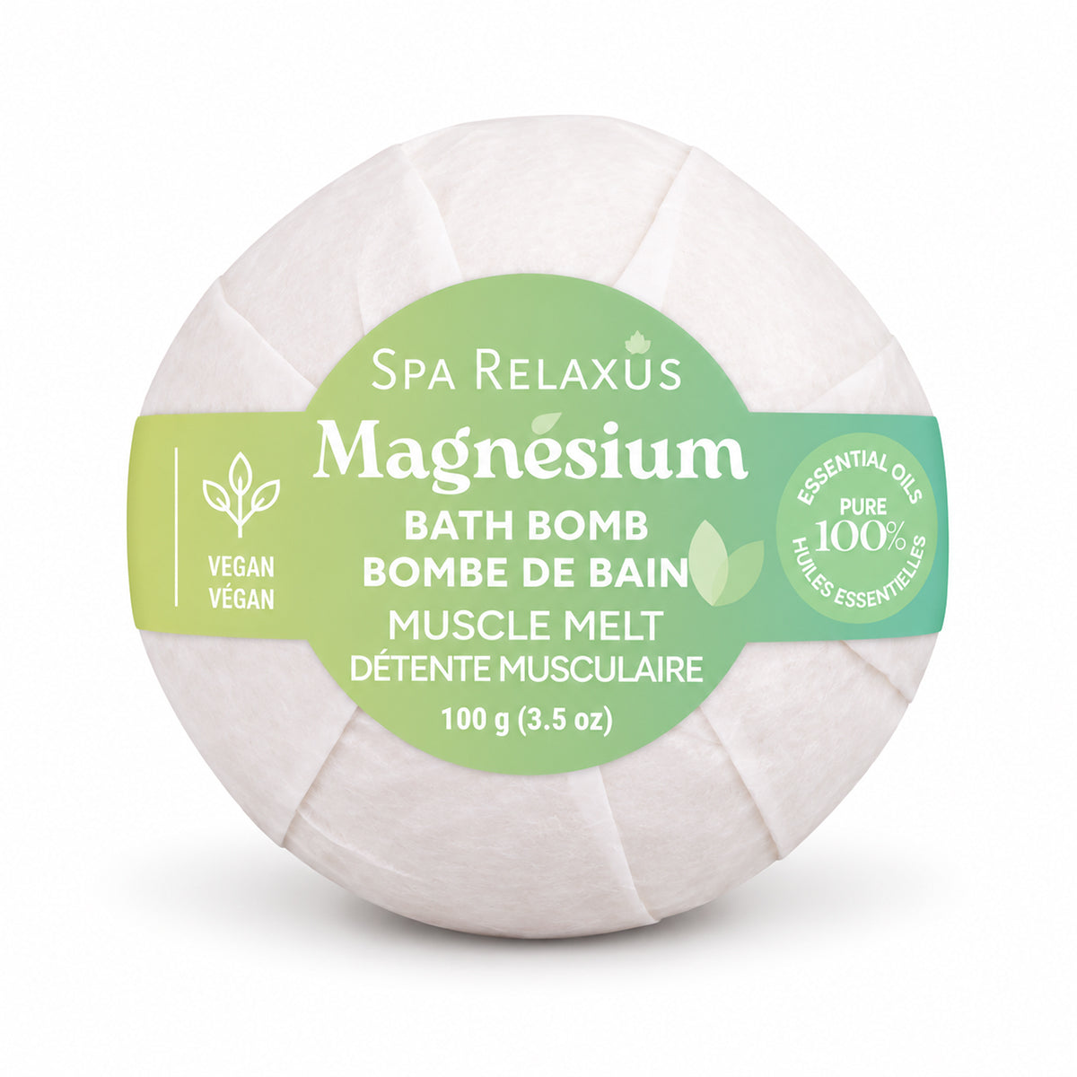 Muscle Melt magnesium bath bomb; eucalyptus and tea tree magnesium bath bomb; 100 g Muscle Melt bath bomb; magnesium bath bomb fizzing in warm water; Muscle Melt bath bomb packaging; bath bomb with eucalyptus and tea tree essential oils; magnesium bath bomb with shea and cocoa butter; vegan and cruelty-free magnesium bath bomb.