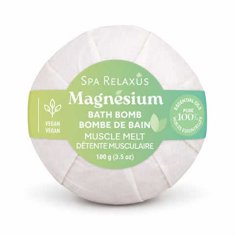 Muscle Melt magnesium bath bomb; eucalyptus and tea tree magnesium bath bomb; 100 g Muscle Melt bath bomb; magnesium bath bomb fizzing in warm water; Muscle Melt bath bomb packaging; bath bomb with eucalyptus and tea tree essential oils; magnesium bath bomb with shea and cocoa butter; vegan and cruelty-free magnesium bath bomb.