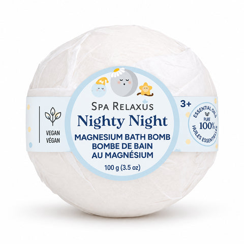 Nighty Night magnesium bath bomb; vanilla and chamomile magnesium bath bomb; Nighty Night bath bomb packaging; 100 g bedtime bath bomb; magnesium bath bomb fizzing in bath water; vanilla and chamomile bath product; vegan magnesium bath bomb with nourishing butters; Nighty Night bath bomb for an evening routine