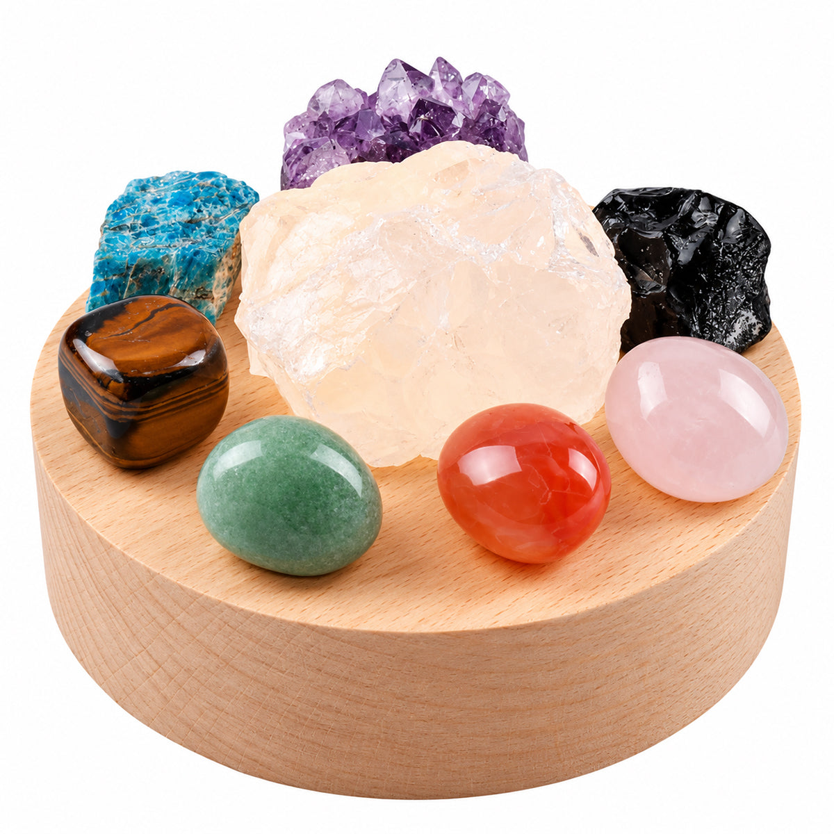 Chakra Energy Crystal Lamp with wooden LED base LED chakra lamp with eight natural crystals Crystal lamp with Clear Quartz and chakra stones
Warm LED crystal lamp on wooden base Chakra crystal set illuminated on wooden lamp base Meditation crystal lamp with USB cord and adapter
Eight-crystal chakra lamp for home décor Natural crystal LED lamp with organza storage bag