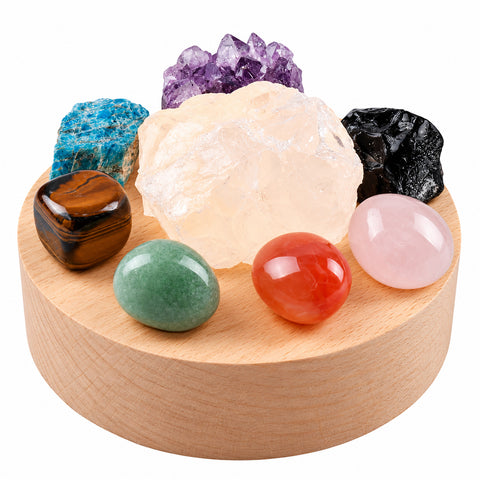 Chakra Energy Crystal Lamp with wooden LED base LED chakra lamp with eight natural crystals Crystal lamp with Clear Quartz and chakra stones
Warm LED crystal lamp on wooden base Chakra crystal set illuminated on wooden lamp base Meditation crystal lamp with USB cord and adapter
Eight-crystal chakra lamp for home décor Natural crystal LED lamp with organza storage bag