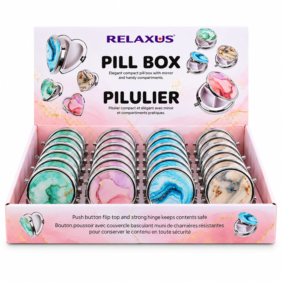 Marble round pill box with mirror
Compact pill organizer with compartments Round travel pill box with push-button closure
Marble-style pill box with built-in mirror
Portable vitamin and supplement organizer Small jewellery and pill storage case Compact round organizer for purse or travel Pill box with mirror and multiple compartments