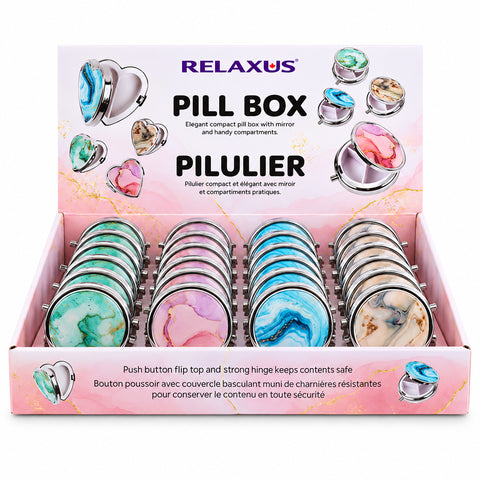 Marble round pill box with mirror
Compact pill organizer with compartments Round travel pill box with push-button closure
Marble-style pill box with built-in mirror
Portable vitamin and supplement organizer Small jewellery and pill storage case Compact round organizer for purse or travel Pill box with mirror and multiple compartments