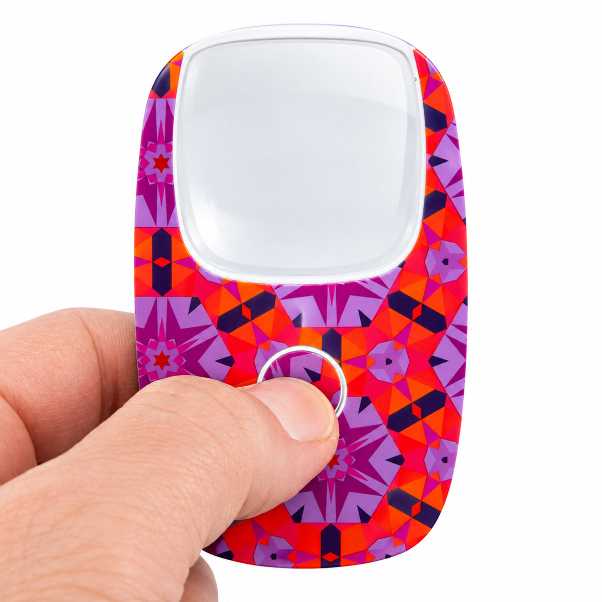 Pocket LED Magnifier with built-in light; 2.5× lighted magnifying glass; Compact LED magnifier for reading fine print; Pocket magnifier illuminating a small label; LED magnifying glass used for coin inspection; Portable magnifier for crafts and sewing; Pocket LED Magnifier with two CR1220 batteries; Pocket LED Magnifier product packaging