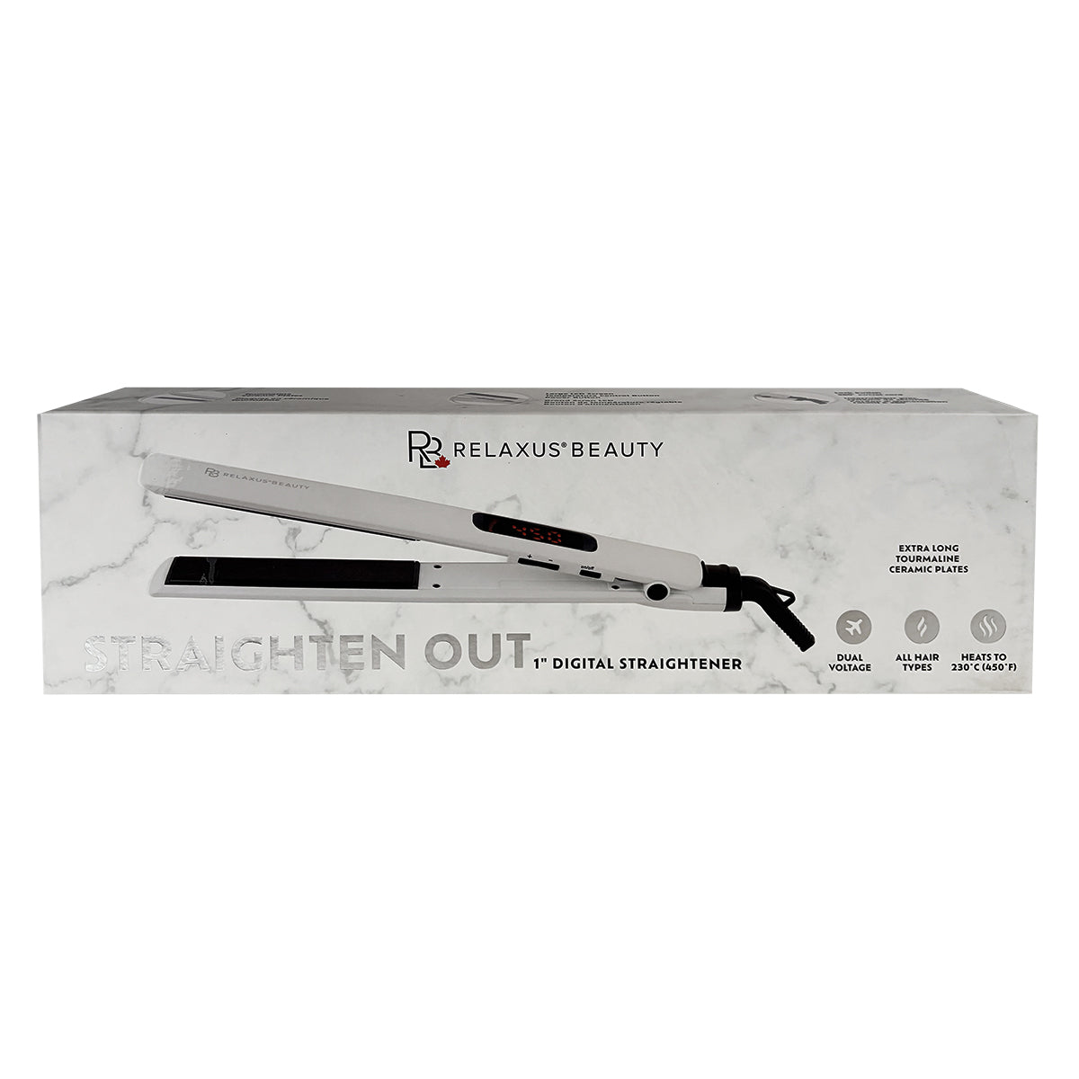 Straighten Out Digital Hair Straightener in white Ultra-slim digital hair straightener with LCD display
Tourmaline ceramic hair straightener with 5-inch plates Dual voltage hair straightener for travel Digital flat iron with extra-long plates Straighten Out straightener with swivel cord 