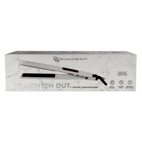 Straighten Out Digital Hair Straightener in white Ultra-slim digital hair straightener with LCD display
Tourmaline ceramic hair straightener with 5-inch plates Dual voltage hair straightener for travel Digital flat iron with extra-long plates Straighten Out straightener with swivel cord 