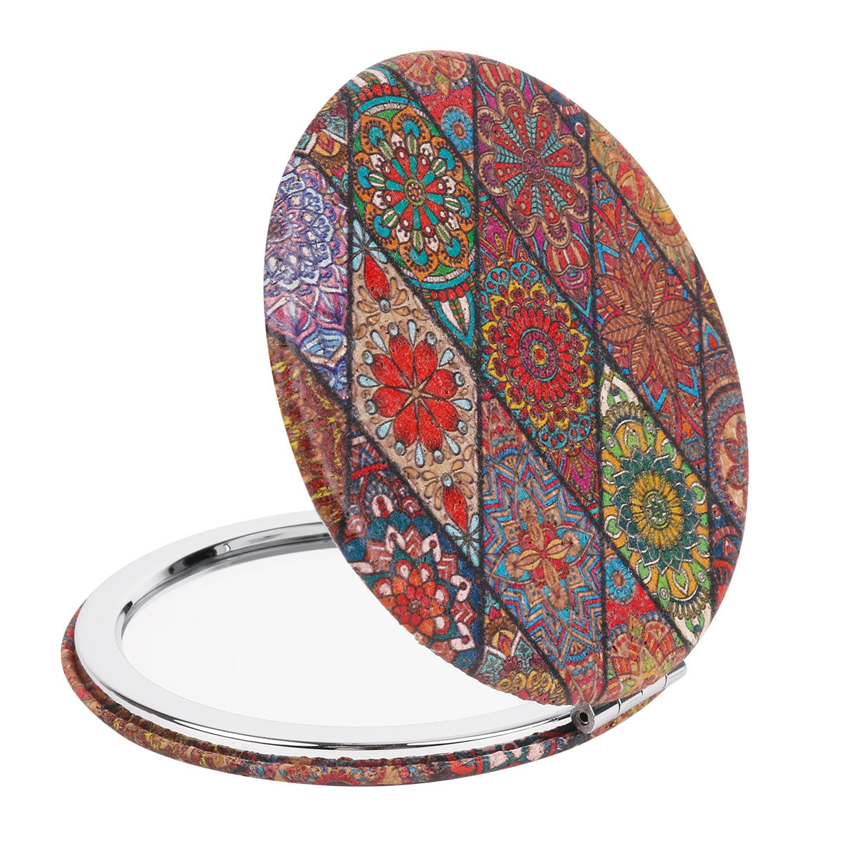 Compact makeup mirror with paisley design Travel makeup mirror with 1x and 2x magnification Pocket mirror with mosaic pattern Compact cosmetic mirror for purse Assorted paisley compact mirror Beauty mirror for travel bag
