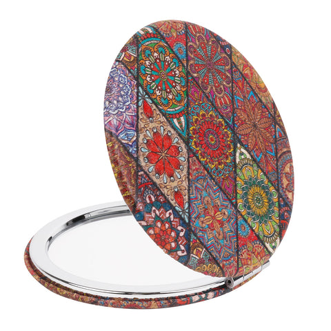 Compact makeup mirror with paisley design Travel makeup mirror with 1x and 2x magnification Pocket mirror with mosaic pattern Compact cosmetic mirror for purse Assorted paisley compact mirror Beauty mirror for travel bag