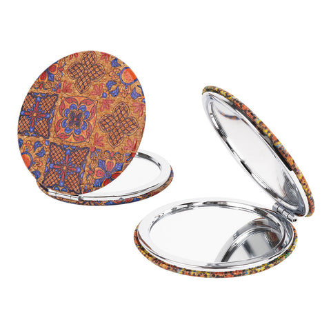 Compact makeup mirror with paisley design Travel makeup mirror with 1x and 2x magnification Pocket mirror with mosaic pattern Compact cosmetic mirror for purse Assorted paisley compact mirror Beauty mirror for travel bag