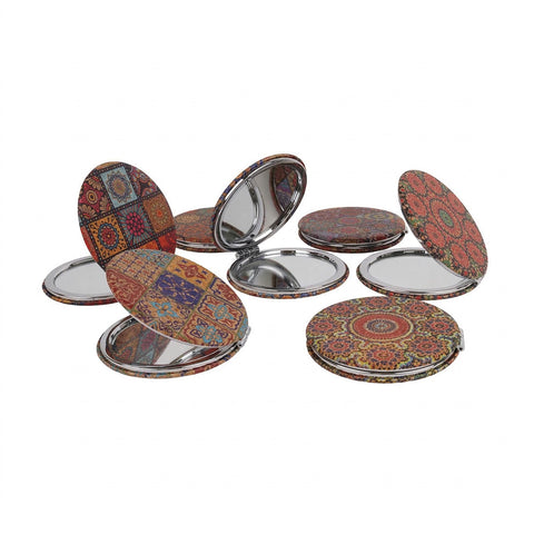 Compact makeup mirror with paisley design Travel makeup mirror with 1x and 2x magnification Pocket mirror with mosaic pattern Compact cosmetic mirror for purse Assorted paisley compact mirror Beauty mirror for travel bag