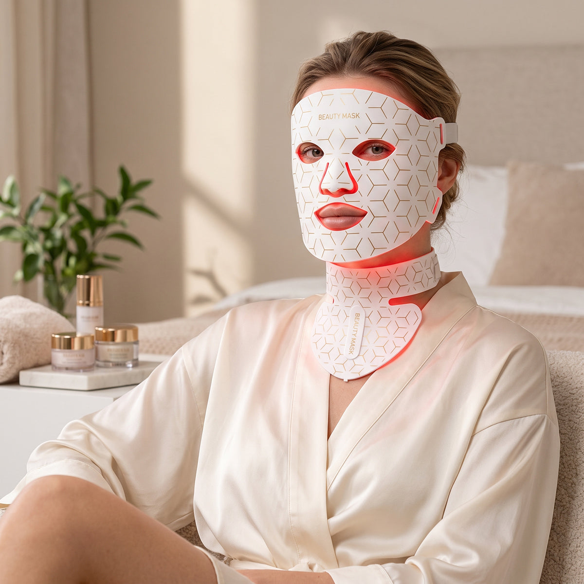 LED face mask with neck and chest light therapy panel Rechargeable LED face neck and chest therapy system
Flexible silicone LED face mask with digital controller LED face mask with seven visible-colour modes and near-infrared LED neck and chest panel with face mask Wearable silicone LED light therapy system LED face mask with USB-C rechargeable controller
LED light therapy system with face and neck chest components