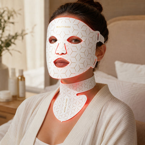 LED face mask with neck and chest light therapy panel Rechargeable LED face neck and chest therapy system
Flexible silicone LED face mask with digital controller LED face mask with seven visible-colour modes and near-infrared LED neck and chest panel with face mask Wearable silicone LED light therapy system LED face mask with USB-C rechargeable controller
LED light therapy system with face and neck chest components