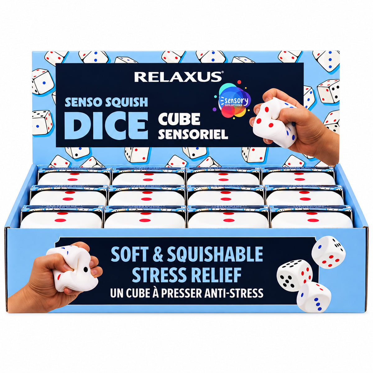 Senso Squish Dice sensory fidget toy; soft slow-rise foam dice; 7 cm polyurethane squish dice; tactile fidget dice for study breaks; soft sensory toy for game time; compact foam dice for travel