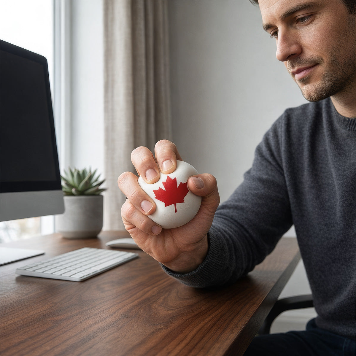 Canflex stress ball with Canada maple leaf design Canada-themed stress ball in hand Maple leaf stress ball for desk use Canflex Canada stress ball close-up
Portable maple leaf fidget ball
Canadian themed grip strength stress ball