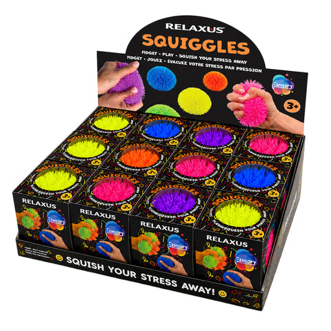 Squiggles Fidget Sensory Toy in assorted colours; squishy TPR sensory toy held in hand; orange Squiggles Fidget sensory toy; purple squishy fidget toy; colourful sensory squeeze toy with maltose filling; Squiggles Fidget being squeezed by hand; assorted Squiggles sensory toys in bright colours; 7.5 cm squishy sensory fidget toy