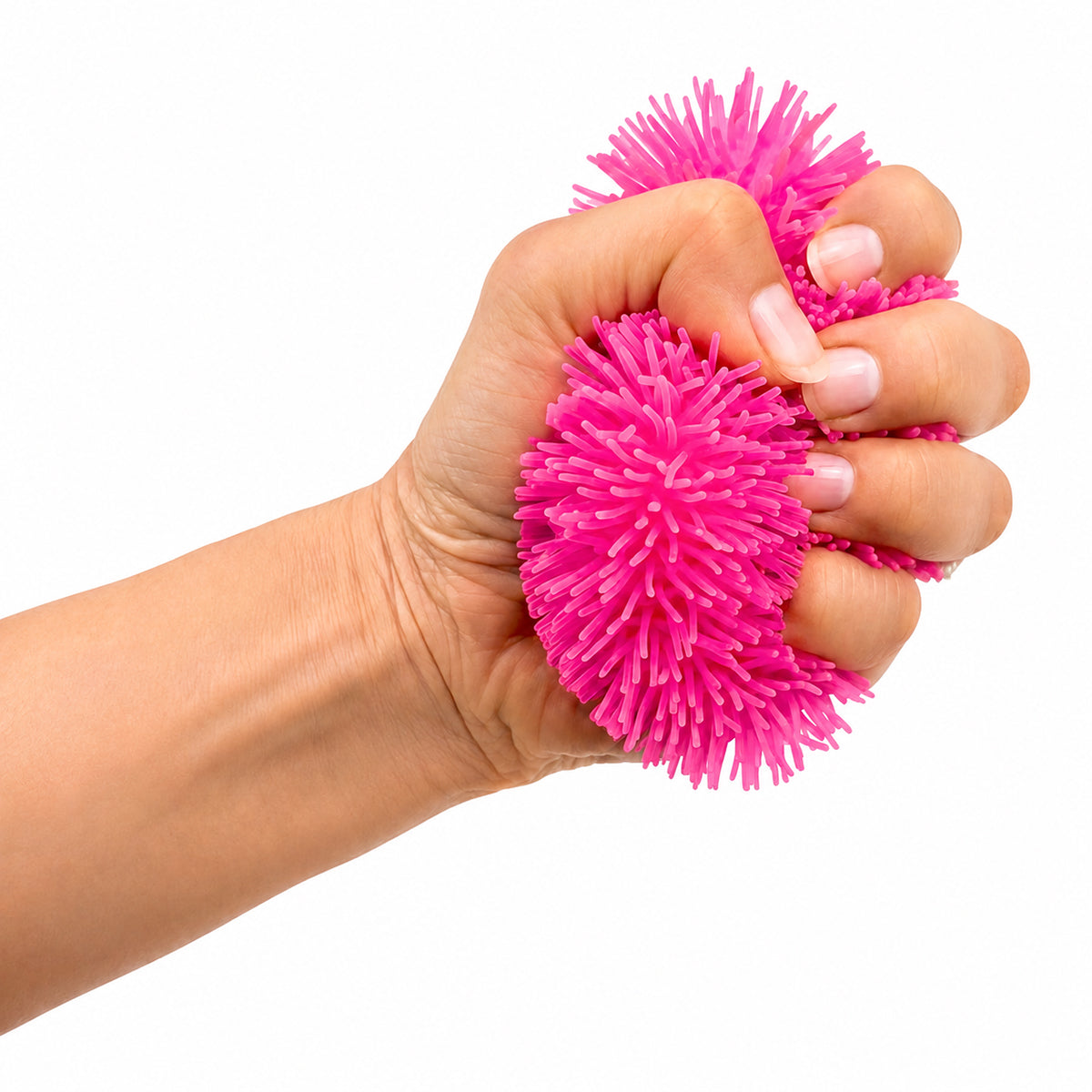 Squiggles Fidget Sensory Toy in assorted colours; squishy TPR sensory toy held in hand; orange Squiggles Fidget sensory toy; purple squishy fidget toy; colourful sensory squeeze toy with maltose filling; Squiggles Fidget being squeezed by hand; assorted Squiggles sensory toys in bright colours; 7.5 cm squishy sensory fidget toy