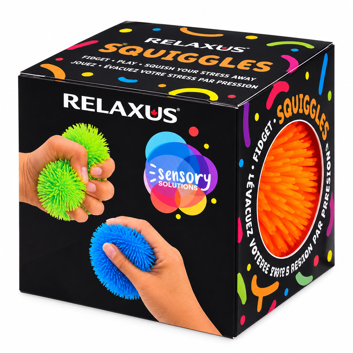 Squiggles Fidget Sensory Toy in assorted colours; squishy TPR sensory toy held in hand; orange Squiggles Fidget sensory toy; purple squishy fidget toy; colourful sensory squeeze toy with maltose filling; Squiggles Fidget being squeezed by hand; assorted Squiggles sensory toys in bright colours; 7.5 cm squishy sensory fidget toy