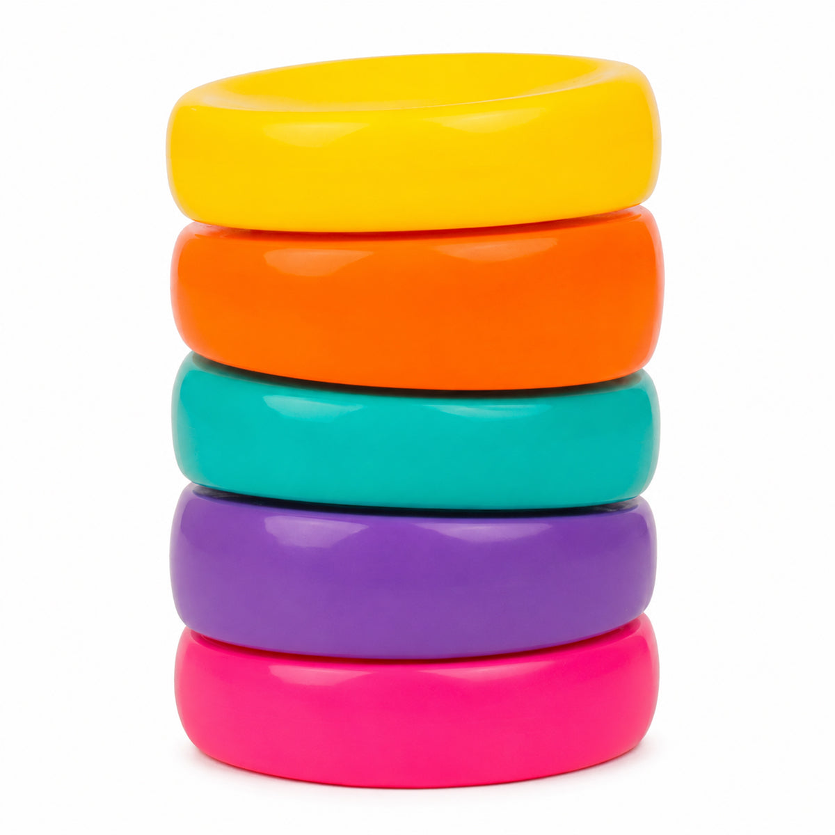  Torsion Rainbow Fidget with colourful rotating rings; rainbow sensory fidget toy with interlocking links; close-up of textured ends on Torsion Rainbow Fidget; compact plastic fidget toy with 360-degree rotating rings; Torsion Rainbow Fidget twisted into a curved pattern; colourful sensory toy held in the hand; rotating ring fidget toy with rainbow colours; Torsion Rainbow Fidget showing flexible interlocking links