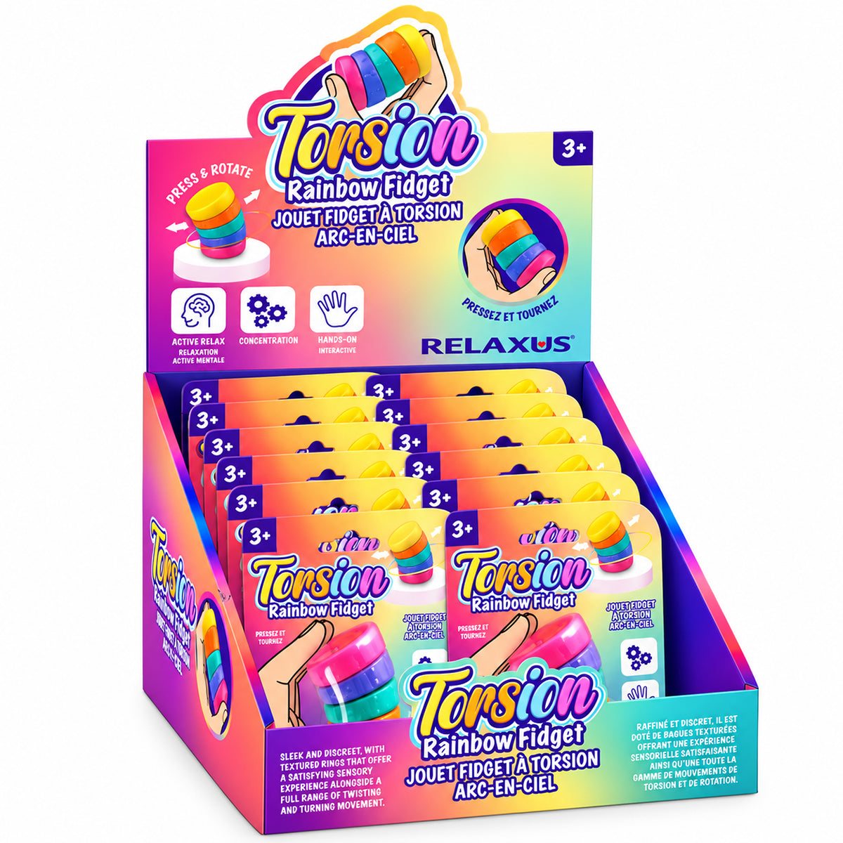  Torsion Rainbow Fidget with colourful rotating rings; rainbow sensory fidget toy with interlocking links; close-up of textured ends on Torsion Rainbow Fidget; compact plastic fidget toy with 360-degree rotating rings; Torsion Rainbow Fidget twisted into a curved pattern; colourful sensory toy held in the hand; rotating ring fidget toy with rainbow colours; Torsion Rainbow Fidget showing flexible interlocking links