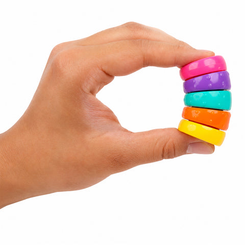 Torsion Rainbow Fidget with colourful rotating rings; rainbow sensory fidget toy with interlocking links; close-up of textured ends on Torsion Rainbow Fidget; compact plastic fidget toy with 360-degree rotating rings; Torsion Rainbow Fidget twisted into a curved pattern; colourful sensory toy held in the hand; rotating ring fidget toy with rainbow colours; Torsion Rainbow Fidget showing flexible interlocking links