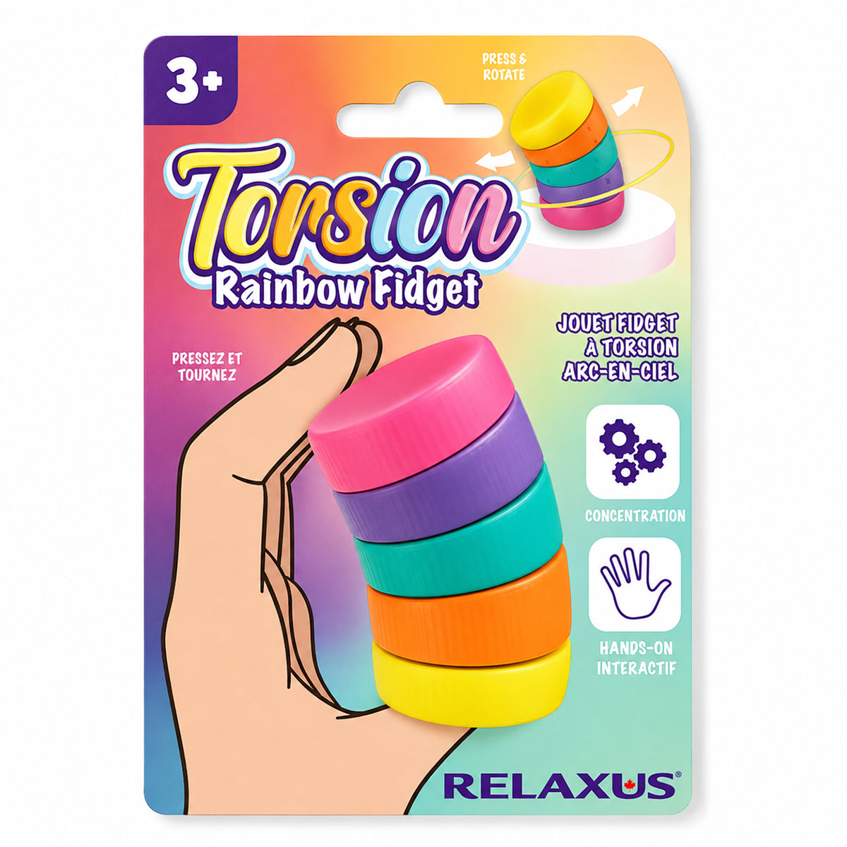  Torsion Rainbow Fidget with colourful rotating rings; rainbow sensory fidget toy with interlocking links; close-up of textured ends on Torsion Rainbow Fidget; compact plastic fidget toy with 360-degree rotating rings; Torsion Rainbow Fidget twisted into a curved pattern; colourful sensory toy held in the hand; rotating ring fidget toy with rainbow colours; Torsion Rainbow Fidget showing flexible interlocking links
