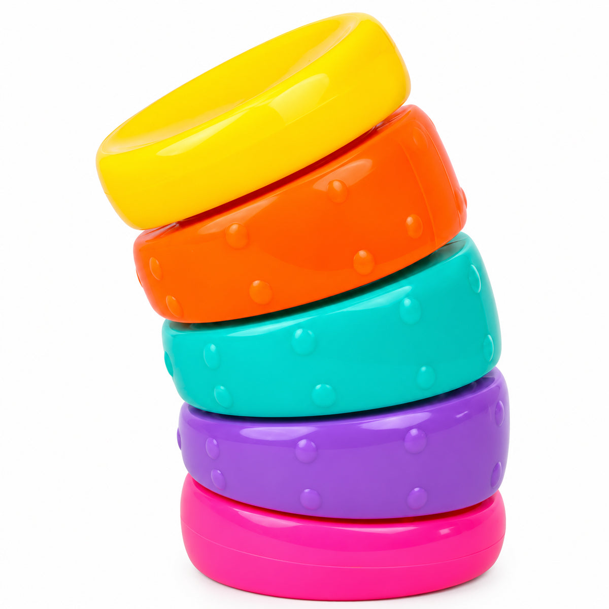  Torsion Rainbow Fidget with colourful rotating rings; rainbow sensory fidget toy with interlocking links; close-up of textured ends on Torsion Rainbow Fidget; compact plastic fidget toy with 360-degree rotating rings; Torsion Rainbow Fidget twisted into a curved pattern; colourful sensory toy held in the hand; rotating ring fidget toy with rainbow colours; Torsion Rainbow Fidget showing flexible interlocking links